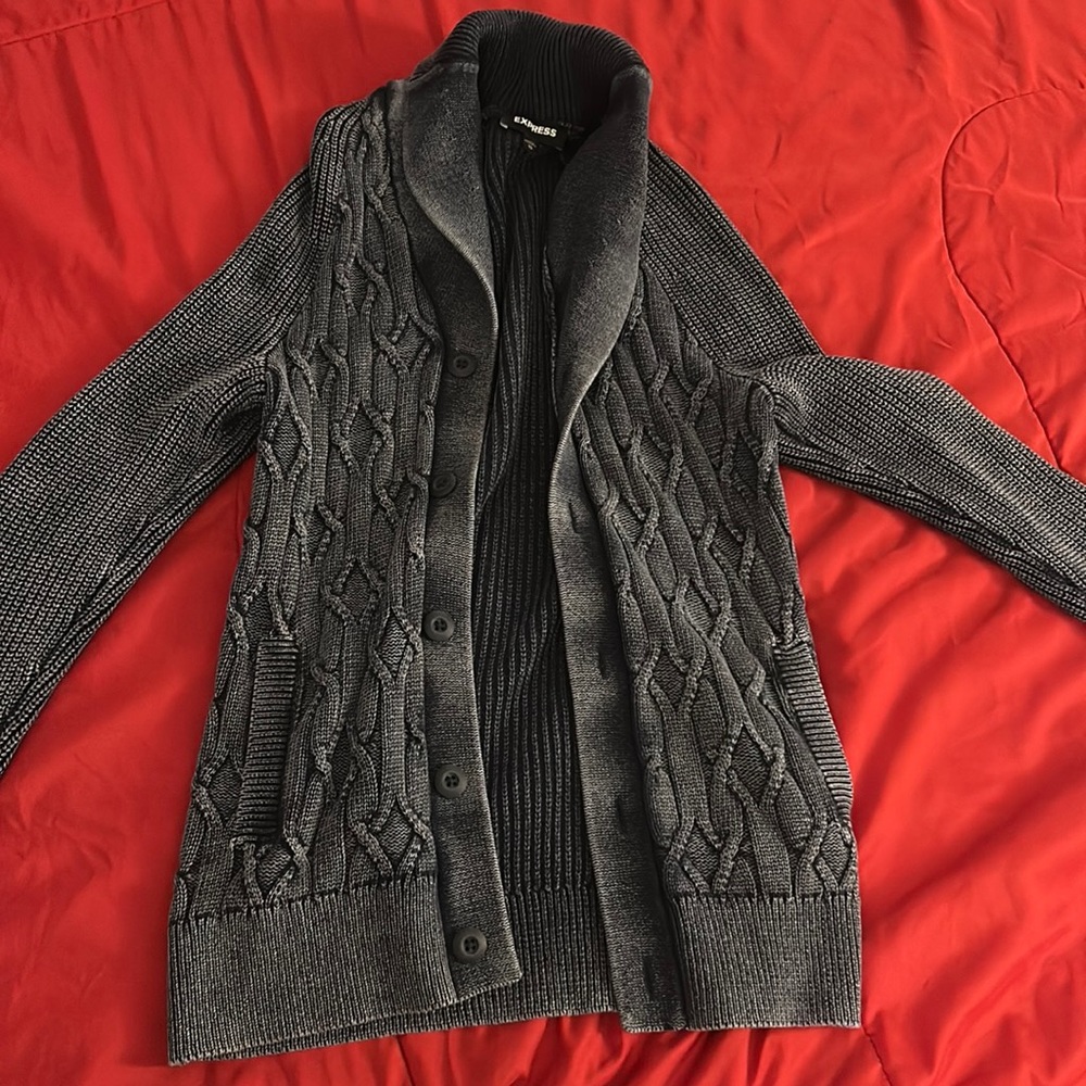 Express men’s cardigan. Color is blue. Size is men’s extra small